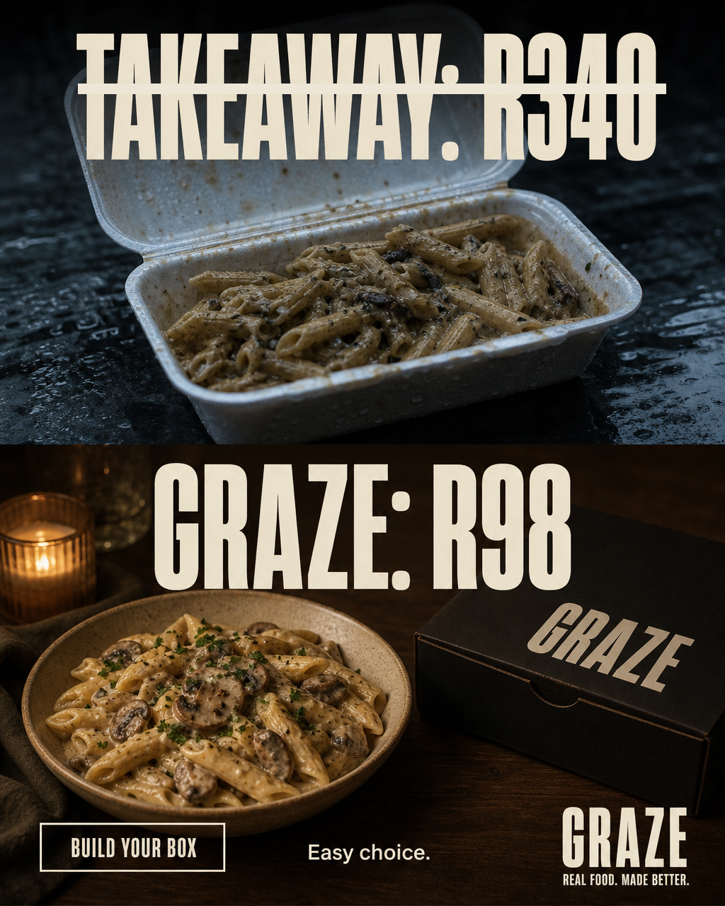 GRAZE — TAKEAWAY: R340. GRAZE: R98.